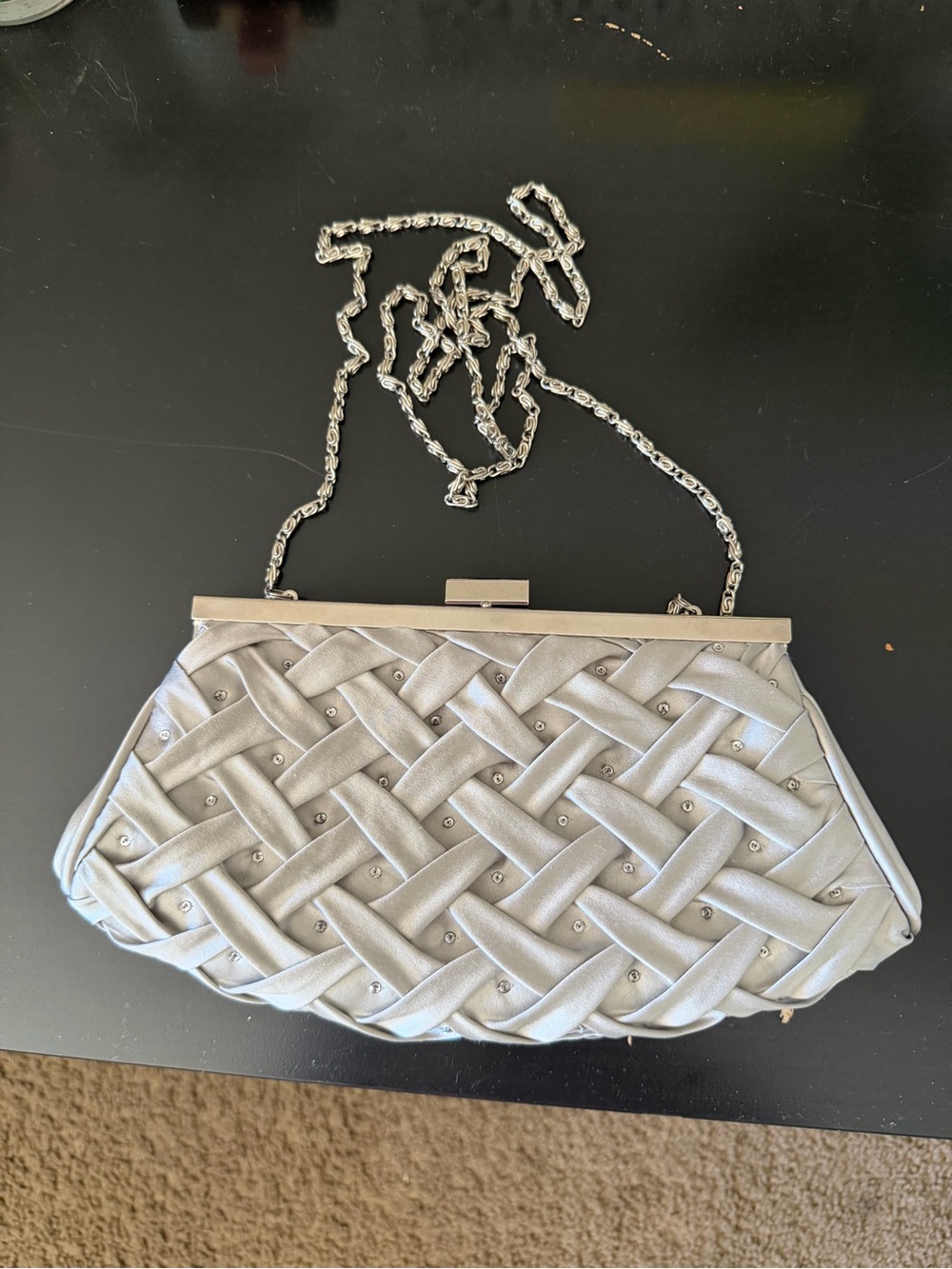 Nordstrom Silver Woven Satin Clutch with Chain Strap
